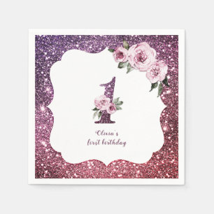 Burgundy purple  glitter and floral 1st birthday napkin