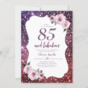 Burgundy purple glitter and floral 85th birthday invitation