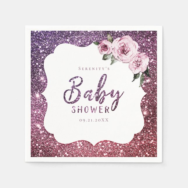 Burgundy purple glitter and floral baby shower napkin (Front)