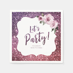 Burgundy purple glitter and floral let's party napkin