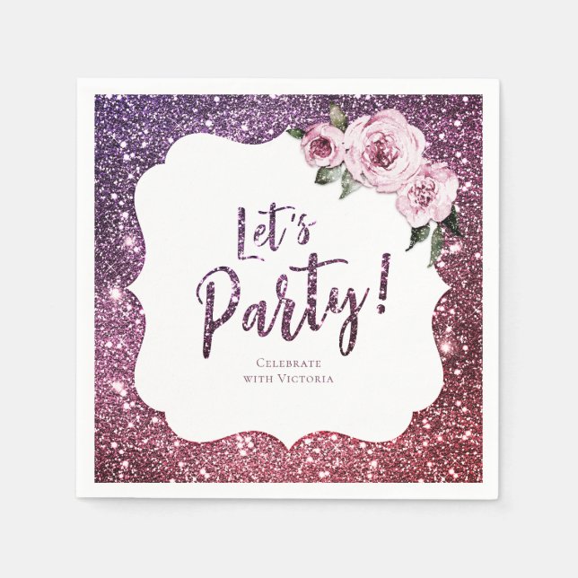 Burgundy purple glitter and floral let's party napkin (Front)