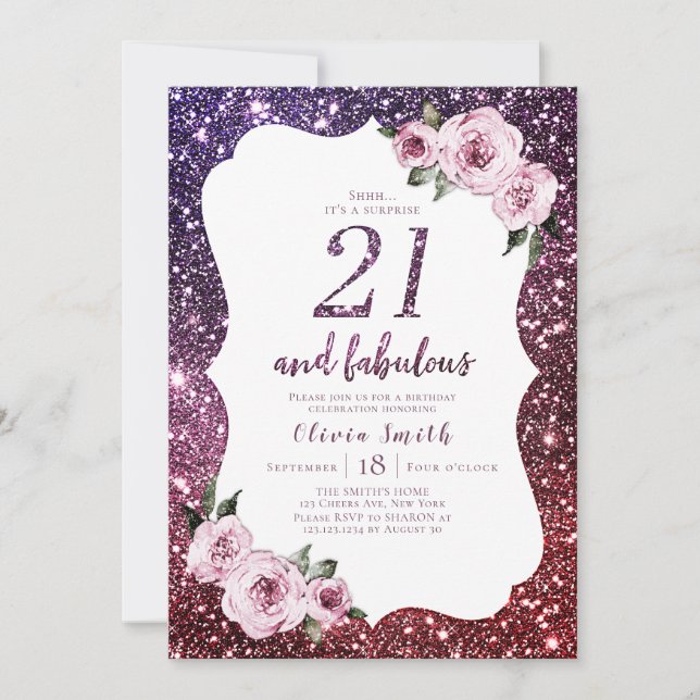 Burgundy purple glitter floral 21st birthday invitation (Front)