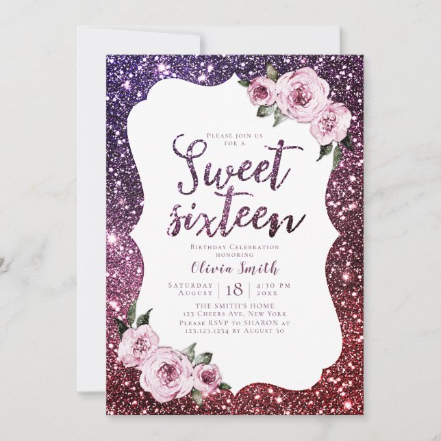 Burgundy purple glitter floral sweet 16 birthday invitation (Front)