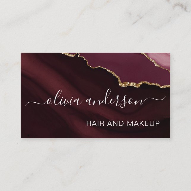 Burgundy Purple Gold Agate Geode Hair Makeup Salon Business Card (Front)