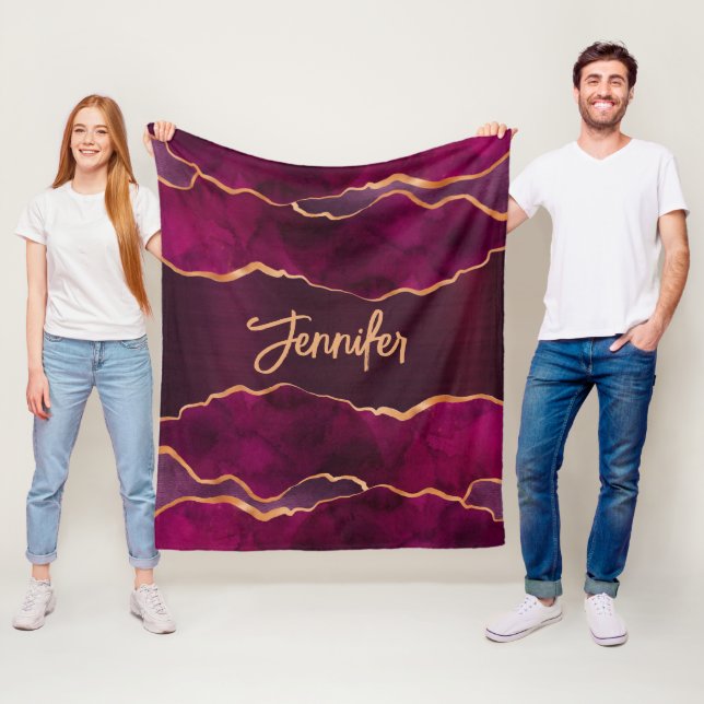 Burgundy purple gold agate marble name fleece blanket (In Situ)