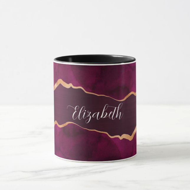Burgundy purple gold agate marble name mug (Center)
