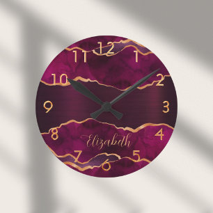 Burgundy purple gold agate marble name round clock