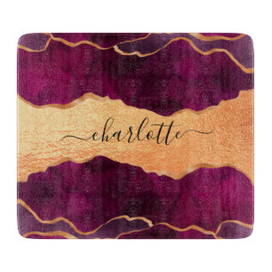 Burgundy purple gold agate marble rose gold name cutting board