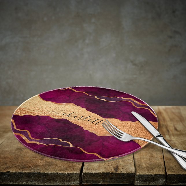 Burgundy purple gold agate marble rose gold name cutting board (Creator Uploaded)