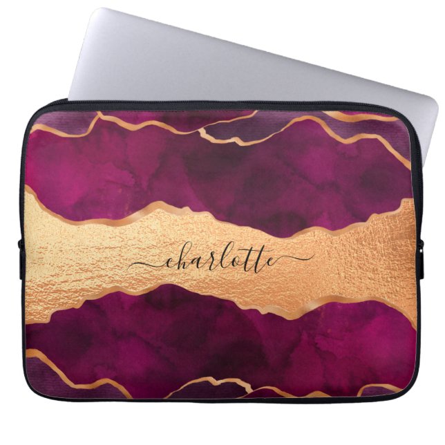 Burgundy purple gold agate marble rose gold name laptop sleeve (Front)