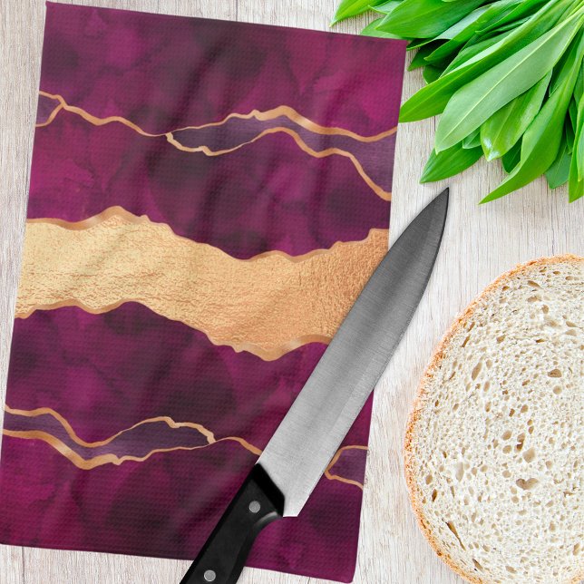 Burgundy purple gold agate marble rose gold tea towel (Creator Uploaded)