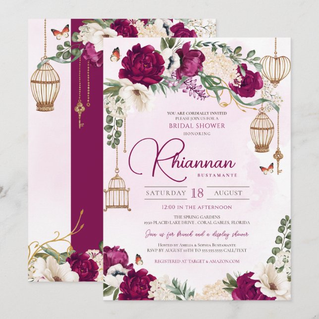 Burgundy Purple Gold Floral Elegant Bridal Shower Invitation (Front/Back)