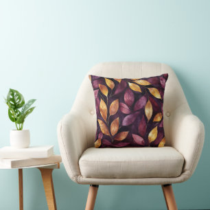 Burgundy Purple Gold Leaves Cushion