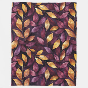 Burgundy Purple Gold Leaves Fleece Blanket