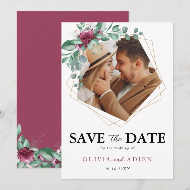 Burgundy Purple Ivory Floral Geometric Photo  Save The Date (Front/Back)