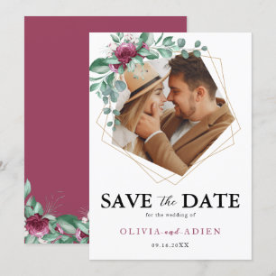 Burgundy Purple Ivory Floral Geometric Photo  Save The Date