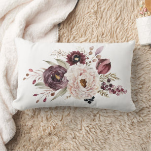 Burgundy Purple Maroon White Floral Elegant Flower Lumbar Cushion