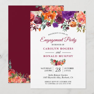 Burgundy Purple Orange Floral Engagement Party Invitation