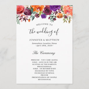 Burgundy Purple Orange Floral Wedding Programme