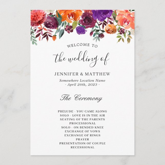 Burgundy Purple Orange Floral Wedding Programme (Front)
