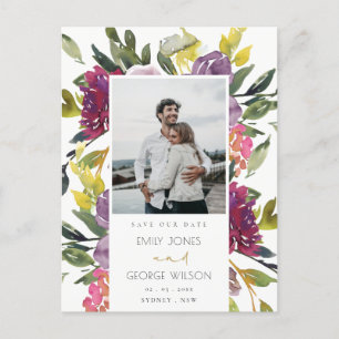 BURGUNDY PURPLE PINK GREEN FLORAL SAVE THE DATE ANNOUNCEMENT POSTCARD