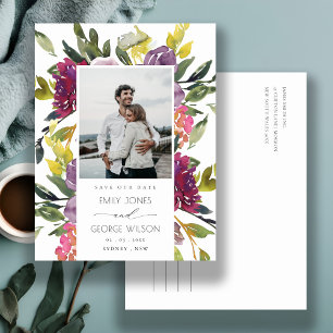 BURGUNDY PURPLE PINK GREEN FLORAL SAVE THE DATE ANNOUNCEMENT POSTCARD