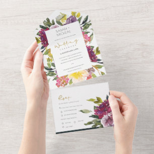 BURGUNDY PURPLE PINK LIME GREEN FLORAL WEDDING ALL IN ONE INVITATION