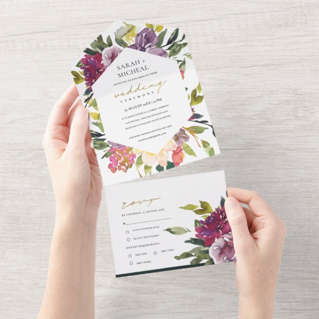 BURGUNDY PURPLE PINK LIME GREEN FLORAL WEDDING ALL IN ONE INVITATION (Tearaway)