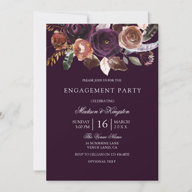 Burgundy Purple Plum Peach Floral Engagement Party Invitation (Front)