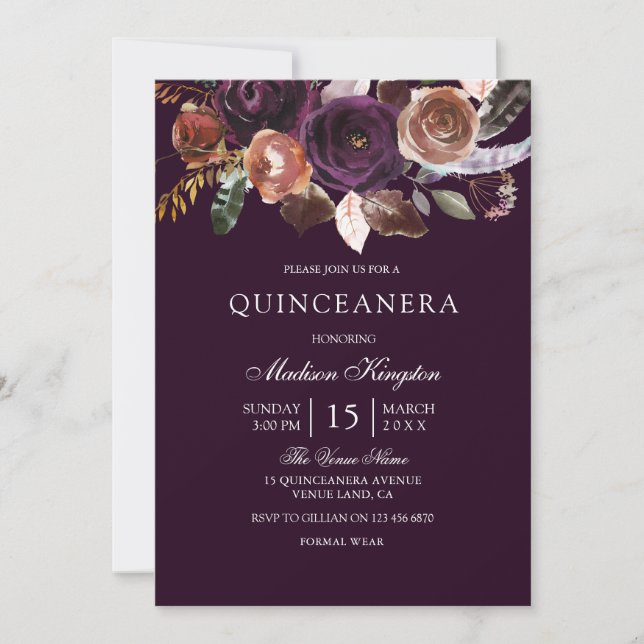 Burgundy Purple Plum Peach Floral Quinceanera Invitation (Front)