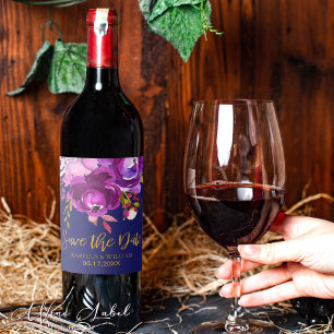 Burgundy Purple Red Gold Floral Save the Date Wine Label