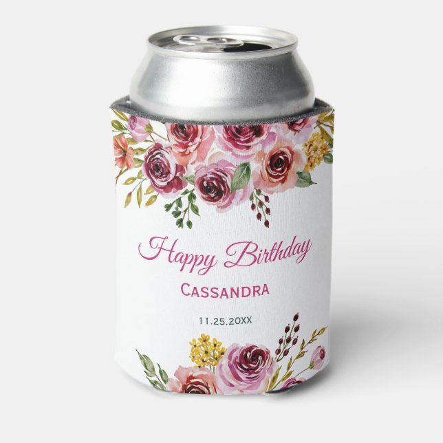 Burgundy Purple Rose Rustic Floral Birthday  Can Cooler (Can Back)
