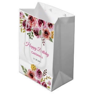 Burgundy Purple Rose Rustic Floral Birthday  Medium Gift Bag