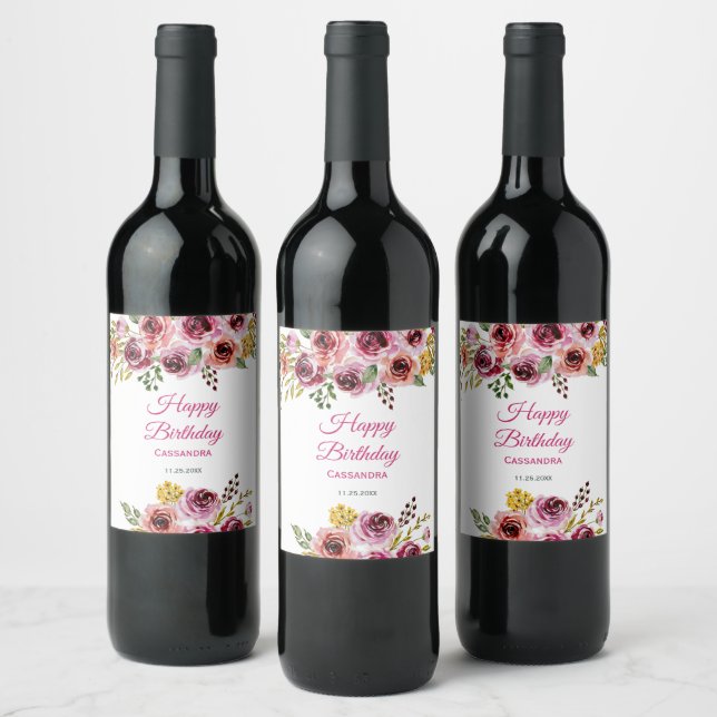 Burgundy Purple Rose Rustic Floral Birthday  Wine Label (Bottles)