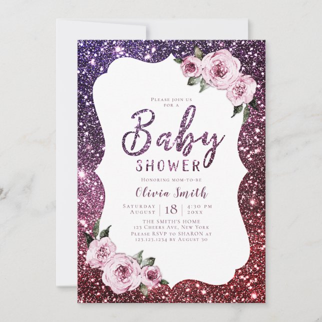 Burgundy purple sparkle glitter floral baby shower invitation (Front)