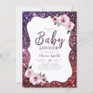 Burgundy purple sparkle glitter floral baby shower invitation