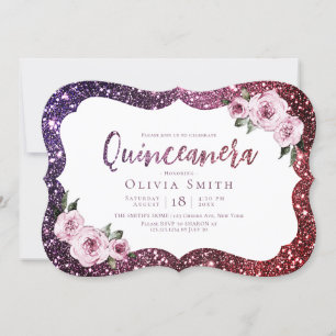 Burgundy purple sparkle glitter floral Quinceanera Invitation