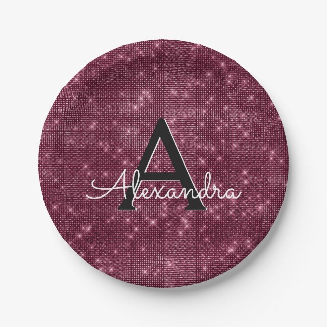 Burgundy Purple Sparkle Monogram Birthday Paper Plate (Front)