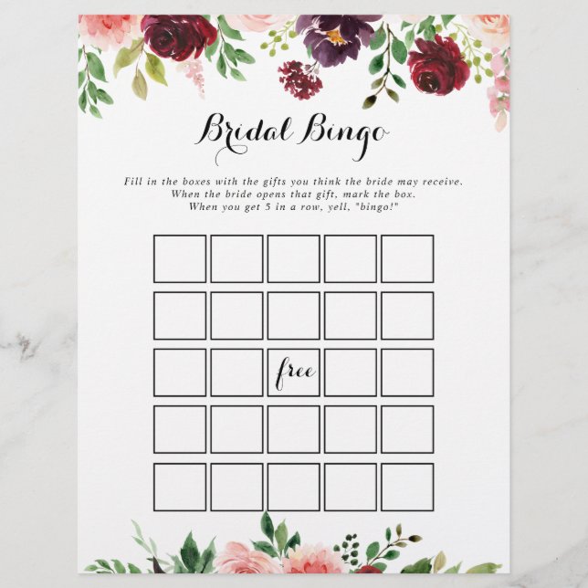 Burgundy Purple Spring Floral Bridal Bingo Game (Front)