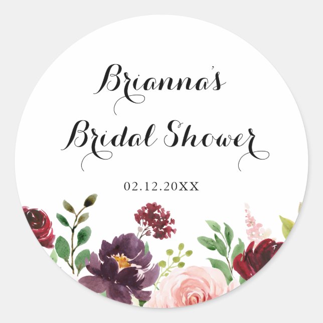 Burgundy Purple Spring Floral Bridal Shower Favour Classic Round Sticker (Front)