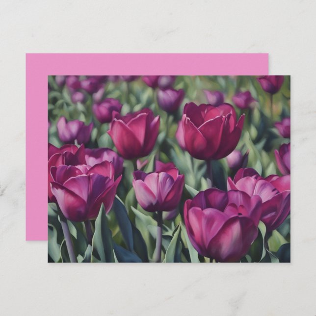 Burgundy Purple Tulip Flower Art Note Card Set (Front/Back)