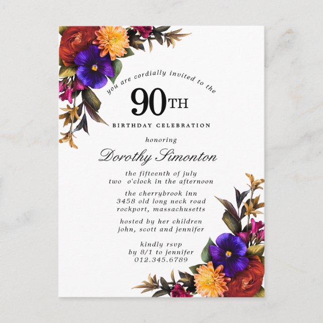 Burgundy Purple Yellow 90th Birthday Invitation (Front)