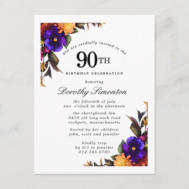 Burgundy Purple Yellow 90th Birthday Postcard (Front)