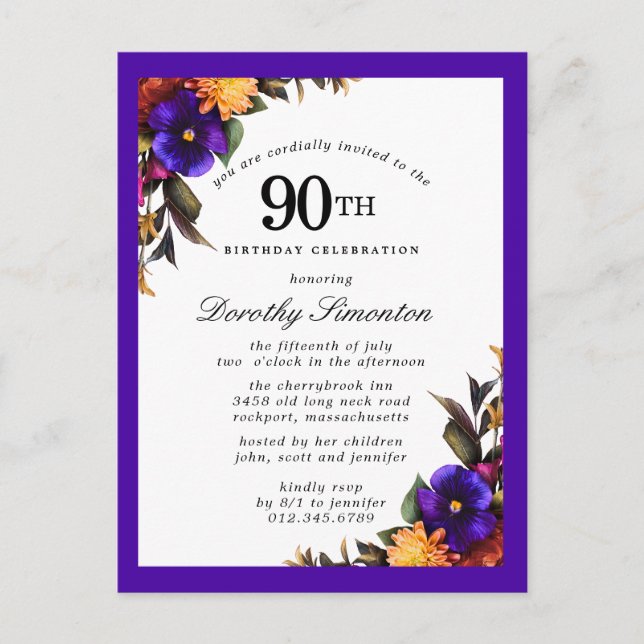 Burgundy Purple Yellow 90th Birthday Postcard (Front)