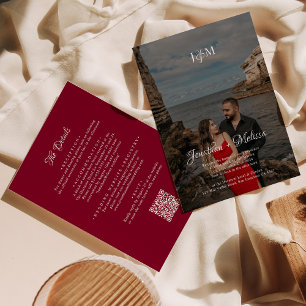 Burgundy QR Code Budget Monogram Overlay Wedding Invitation
