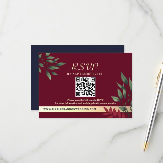 Burgundy QR Code Fall Wedding RSVP Card (Front/Back In Situ)