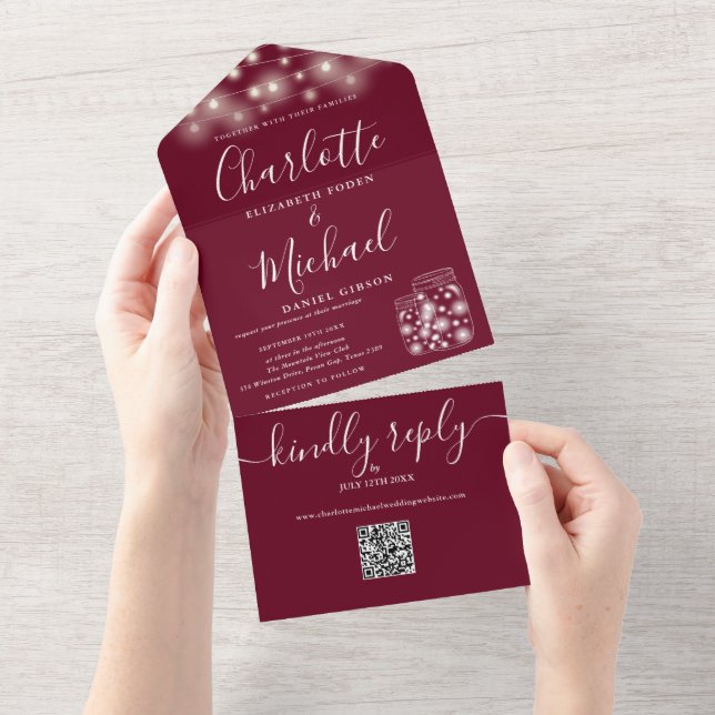 Burgundy QR Code Mason Jars String Lights Wedding All In One Invitation (Tearaway)