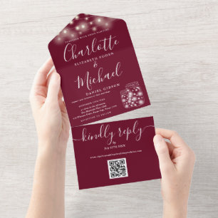 Burgundy QR Code Mason Jars String Lights Wedding All In One Invitation