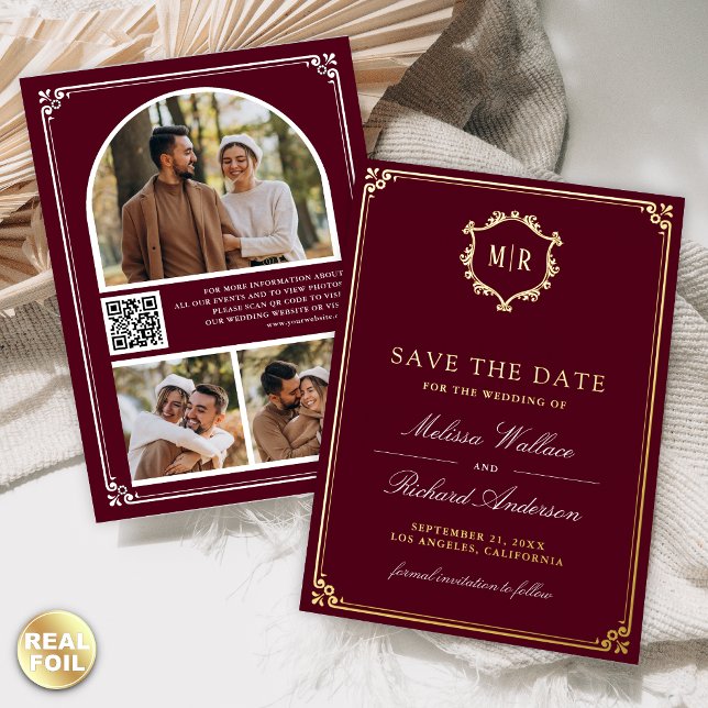 Burgundy QR Code Photo Wedding Save the Date Gold (Creator Uploaded)