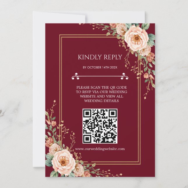 Burgundy  QR Code Wedding RSVP Card (Front)